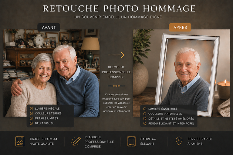 Retouche professionnelle d'une vieille photo pour rendre un hommage à un être cher.