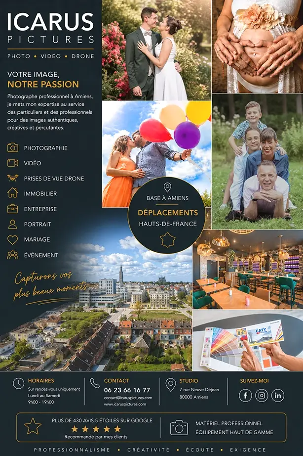 Photographe professionnel à Amiens spécialisé dans les portraits, mariages, photos immobilières, prises de vue par drone, photos d'identité, événements et reportages pour particuliers et entreprises.
