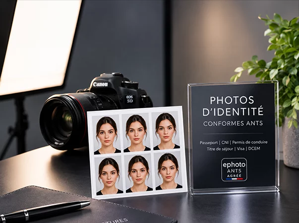 Appareil photo et planche de six portraits pour les photos d’identité et l’ePhoto ANTS à Amiens