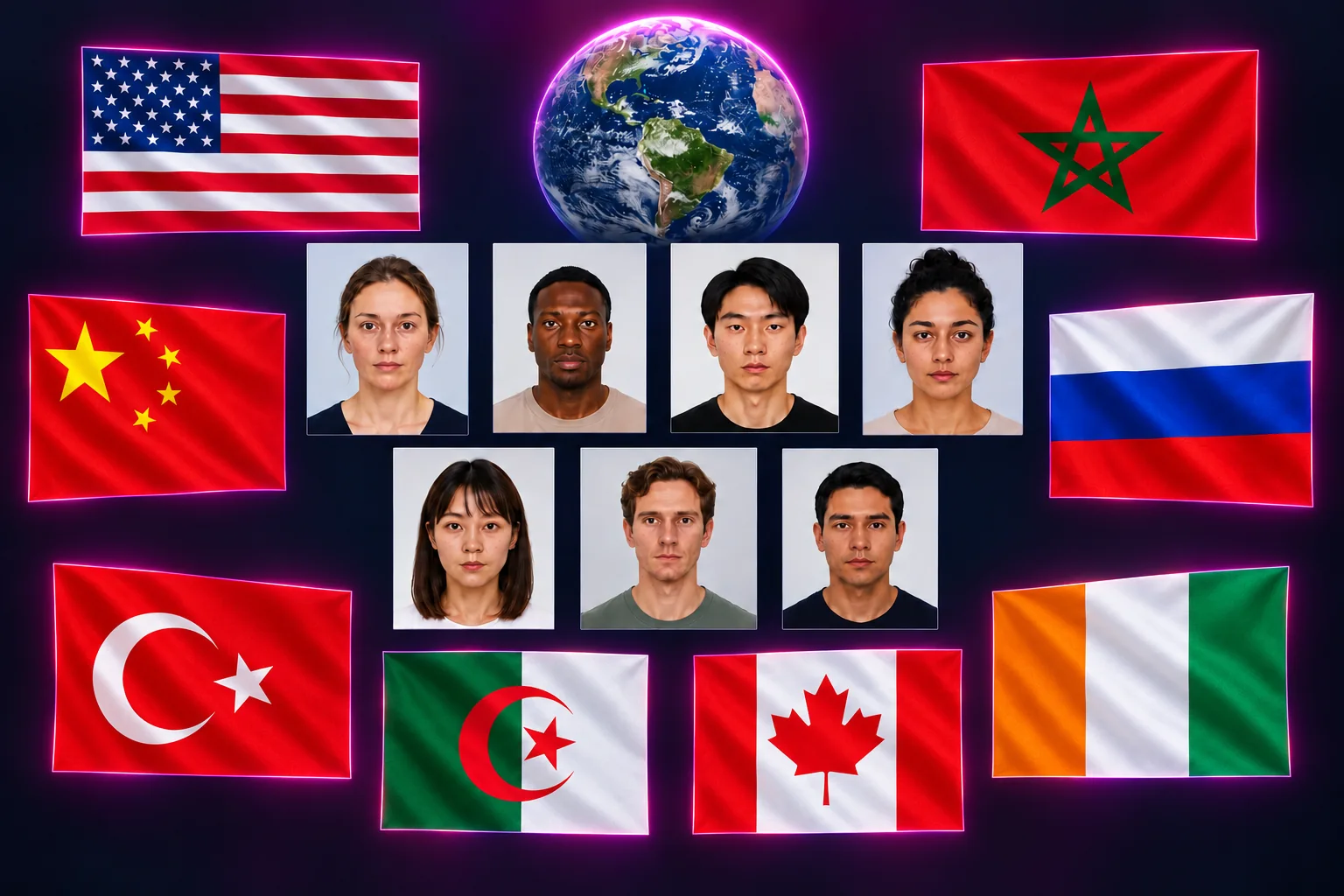 Portraits entourés de drapeaux et d’un globe pour les photos d’identité internationales à Amiens.