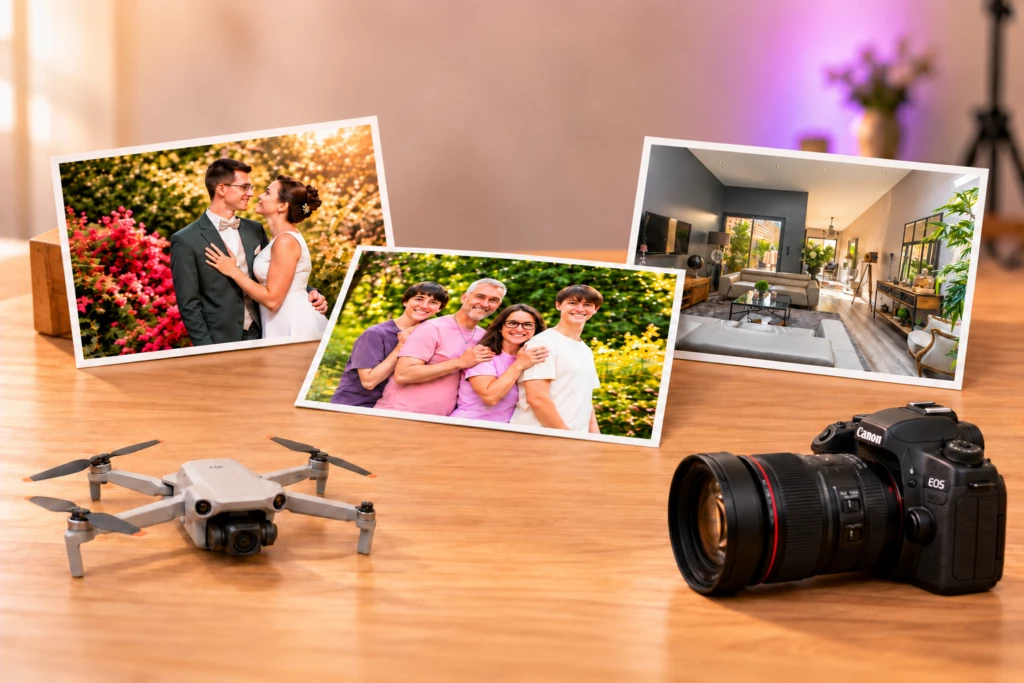 Univers d’Icarus Pictures : appareil photo, drone et tirages de mariage, de famille et d’immobilier.