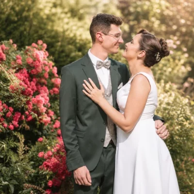 Portrait mariage homepage WebP 768 Portrait des mariés dans un jardin fleuri